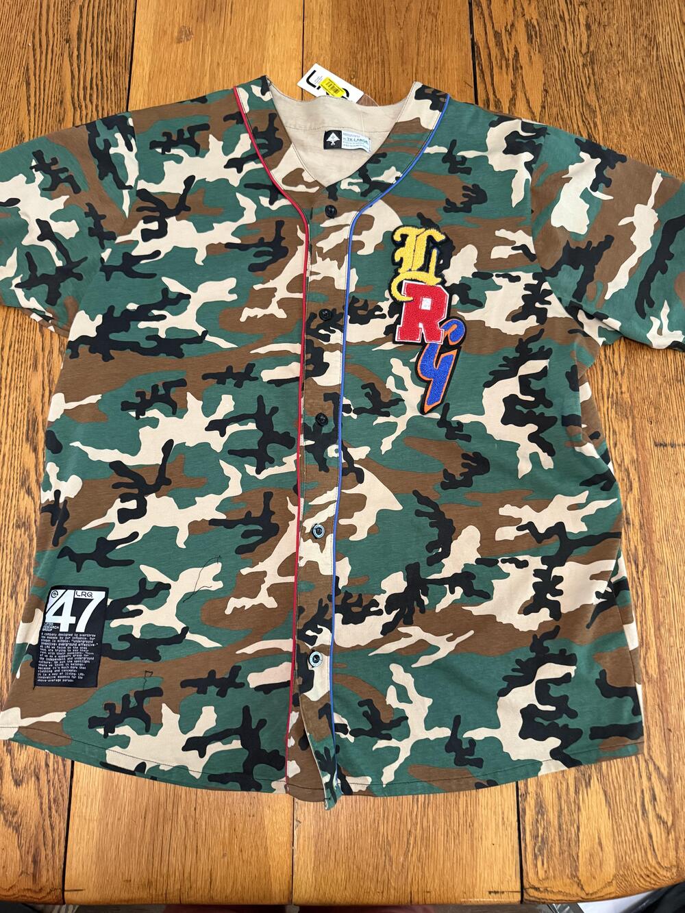LRG Shirt Mens 3XL Camo Baseball Jersey Button Front Patch Logo Streetwear
